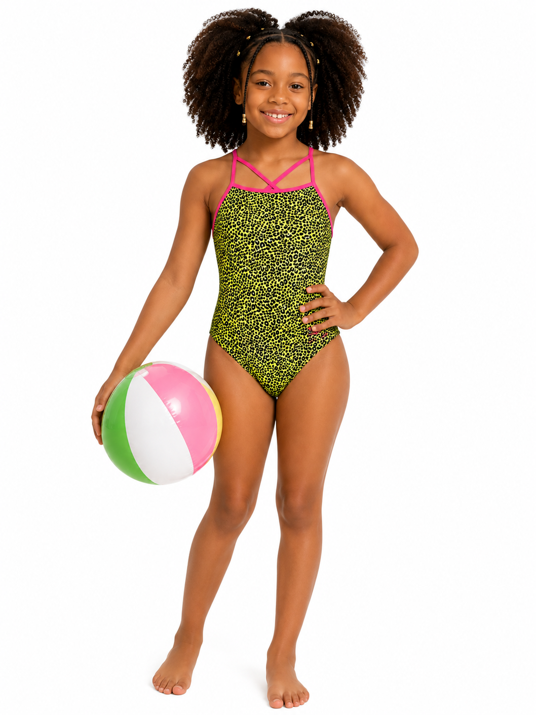 Girls Neon Leopard Print One-Piece Swimsuit