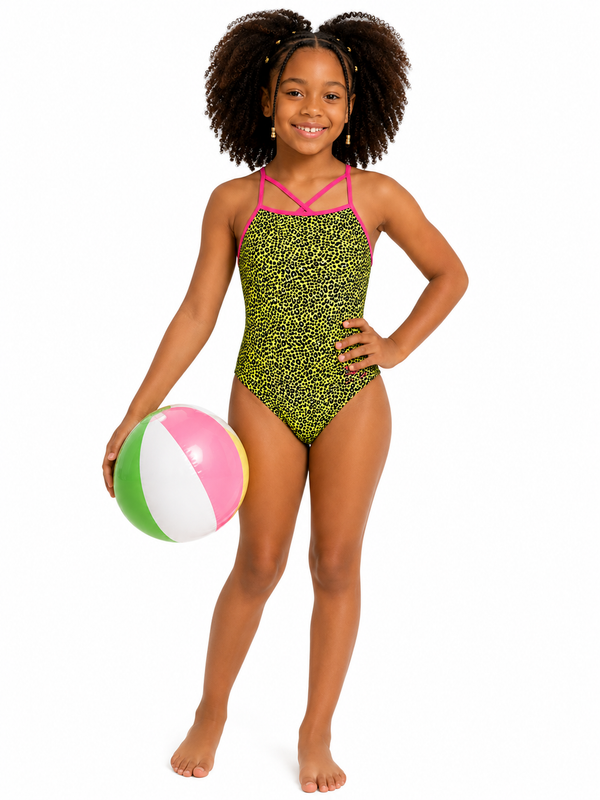 Girls Neon Leopard Print One-Piece Swimsuit
