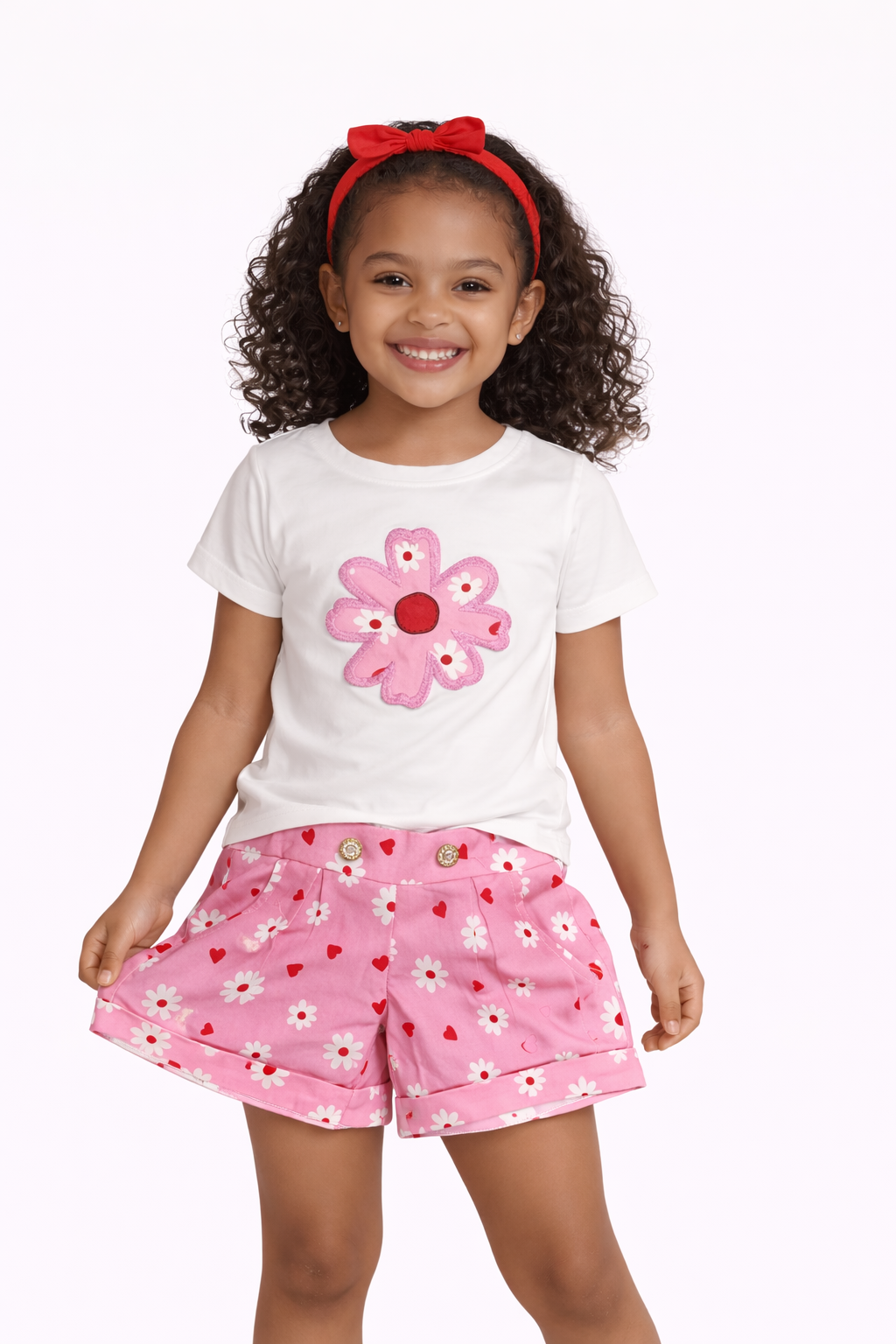 Girls Flower Appliqué T-Shirt & Floral Shorts Set
