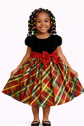 Girls' Velvet Bodice Tartan Plaid Dress with Red Bow