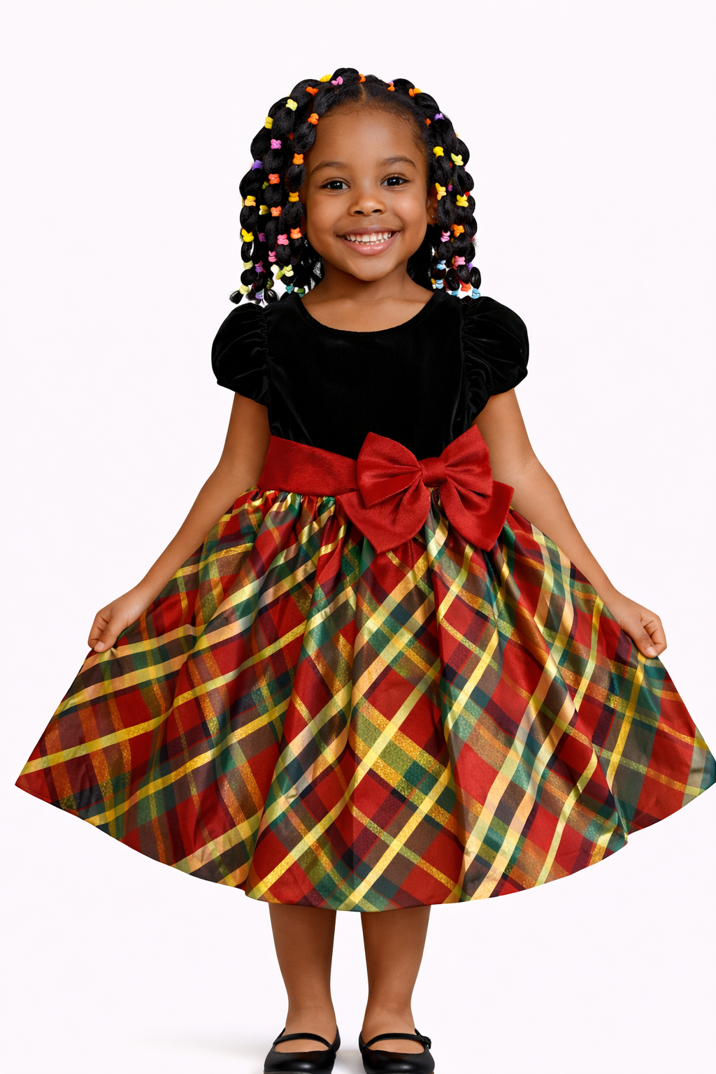 Girls' Velvet Bodice Tartan Plaid Dress with Red Bow