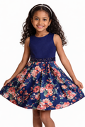 Girls' Navy Floral Sequin Waist Sleeveless Dress