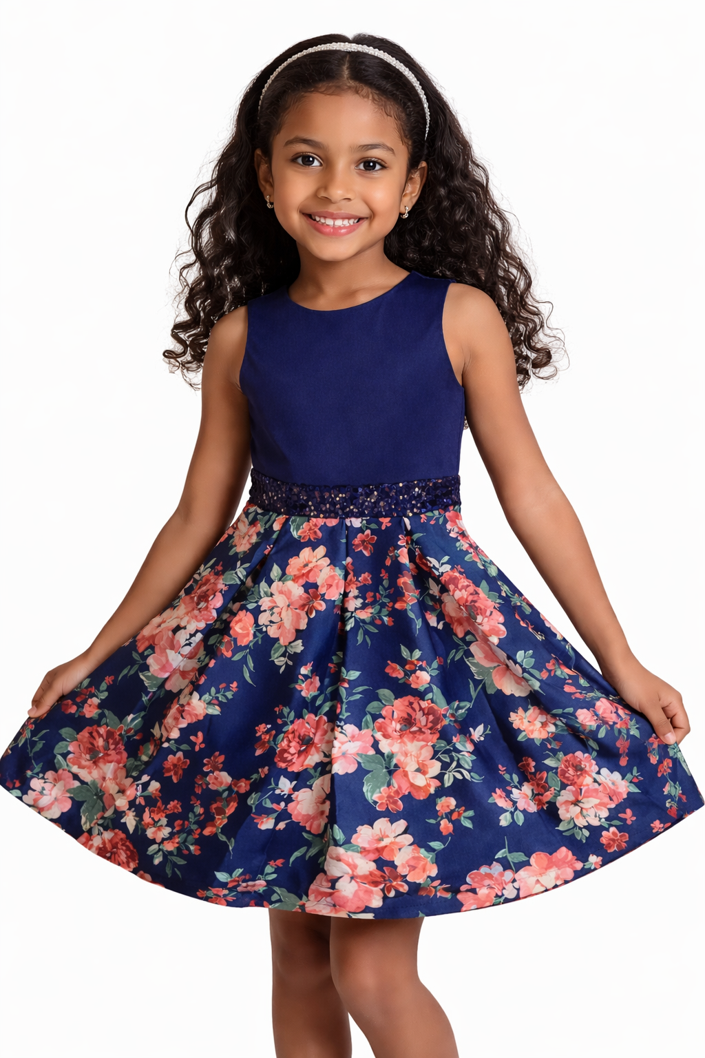 Girls' Navy Floral Sequin Waist Sleeveless Dress