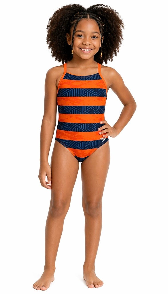 Girls Speedo Endurance+ One-Piece Swimsuit – Orange & Navy Stripe