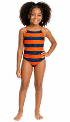 Girls Speedo Endurance+ One-Piece Swimsuit – Orange & Navy Stripe