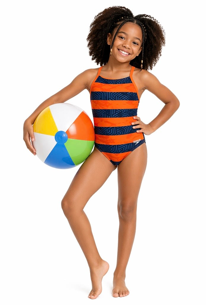Girls Speedo Endurance+ One-Piece Swimsuit – Orange & Navy Stripe