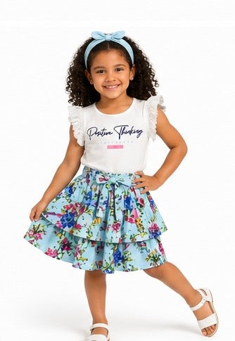 Girls 'Positive Thinking' Flutter Sleeve Tee & Tiered Floral Skirt Set