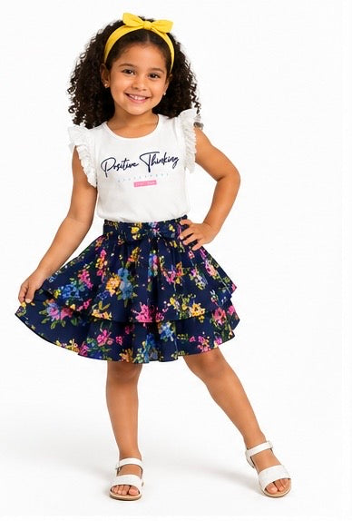 Girls 'Positive Thinking' Flutter Sleeve Tee & Tiered Floral Skirt Set