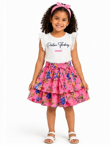 Girls 'Positive Thinking' Flutter Sleeve Tee & Tiered Floral Skirt Set