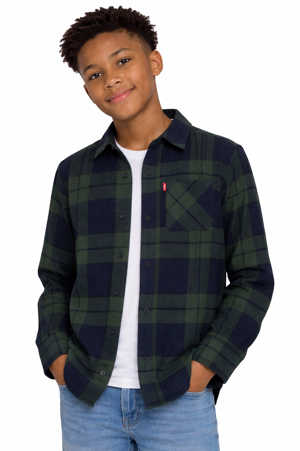 Levi's Boys' Dark Green & Navy Plaid Flannel Shirt