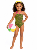 Girls Neon Leopard Print One-Piece Swimsuit