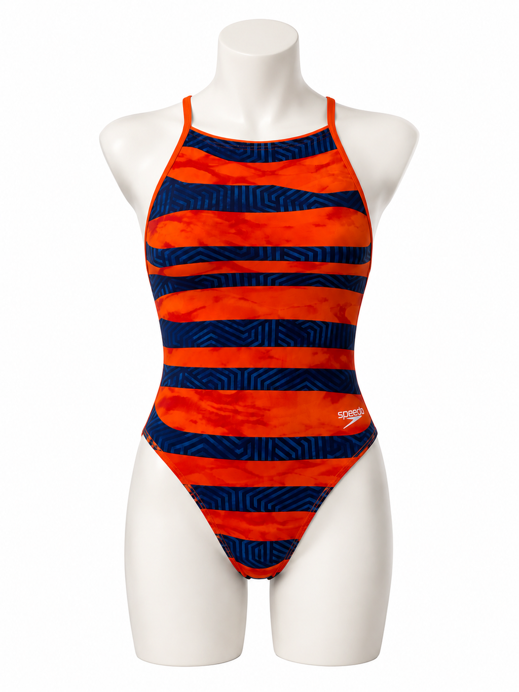 Girls Speedo Endurance+ One-Piece Swimsuit – Orange & Navy Stripe