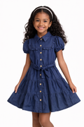 Girls' Soft Denim Tiered Dress with Gold Buttons