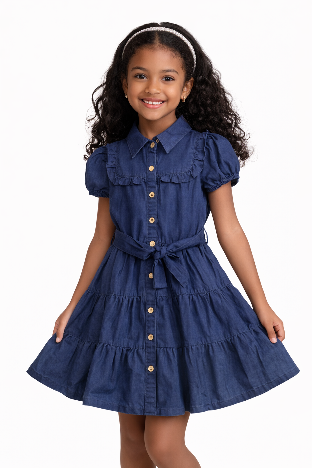 Girls' Soft Denim Tiered Dress with Gold Buttons