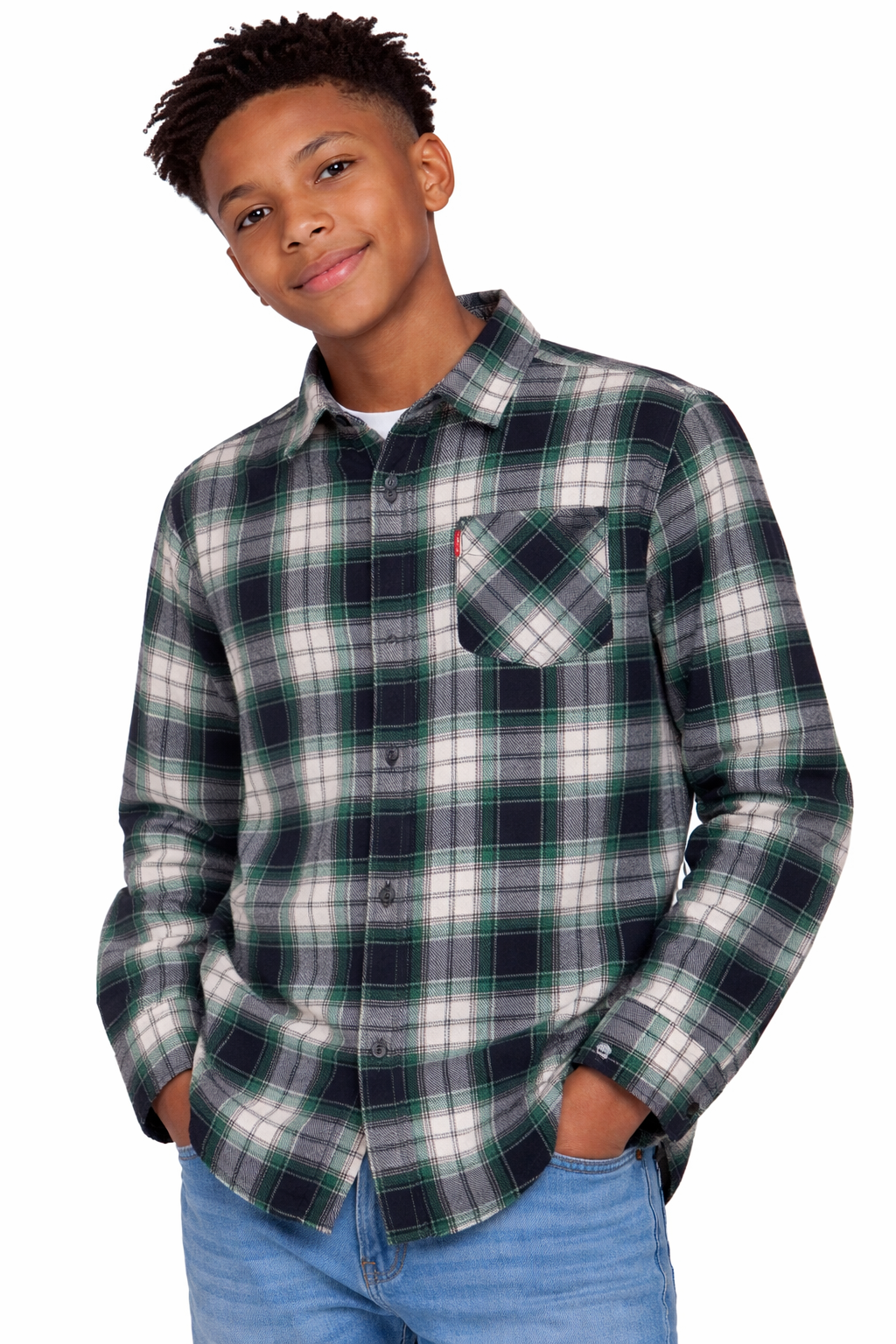 Levi's Boys' Green, White & Navy Plaid Flannel Shirt