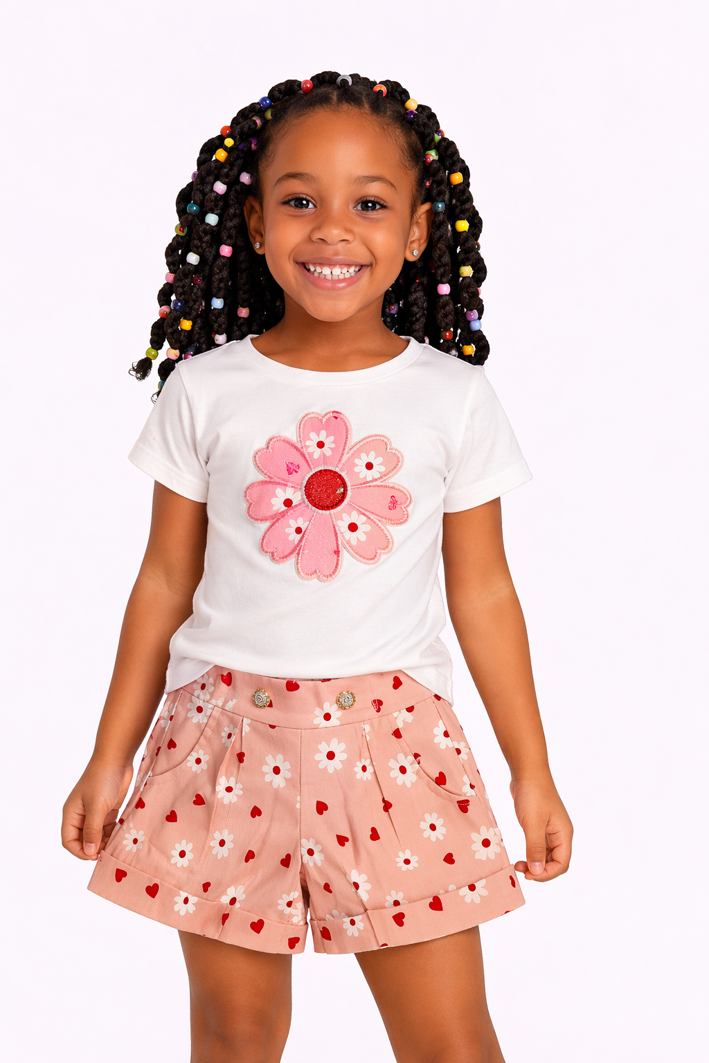 Girls Flower Appliqué T-Shirt & Floral Shorts Set