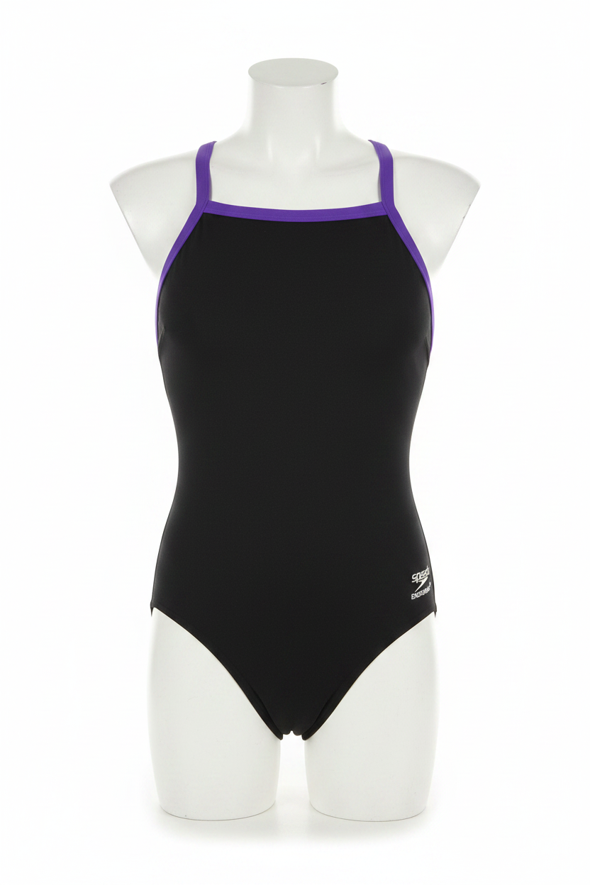 Black & Purple Speedo Swimsuit Ghost Mannequin Front