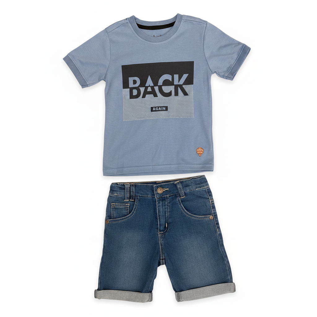 Blue "BACK AGAIN" T-Shirt & Denim Shorts Set