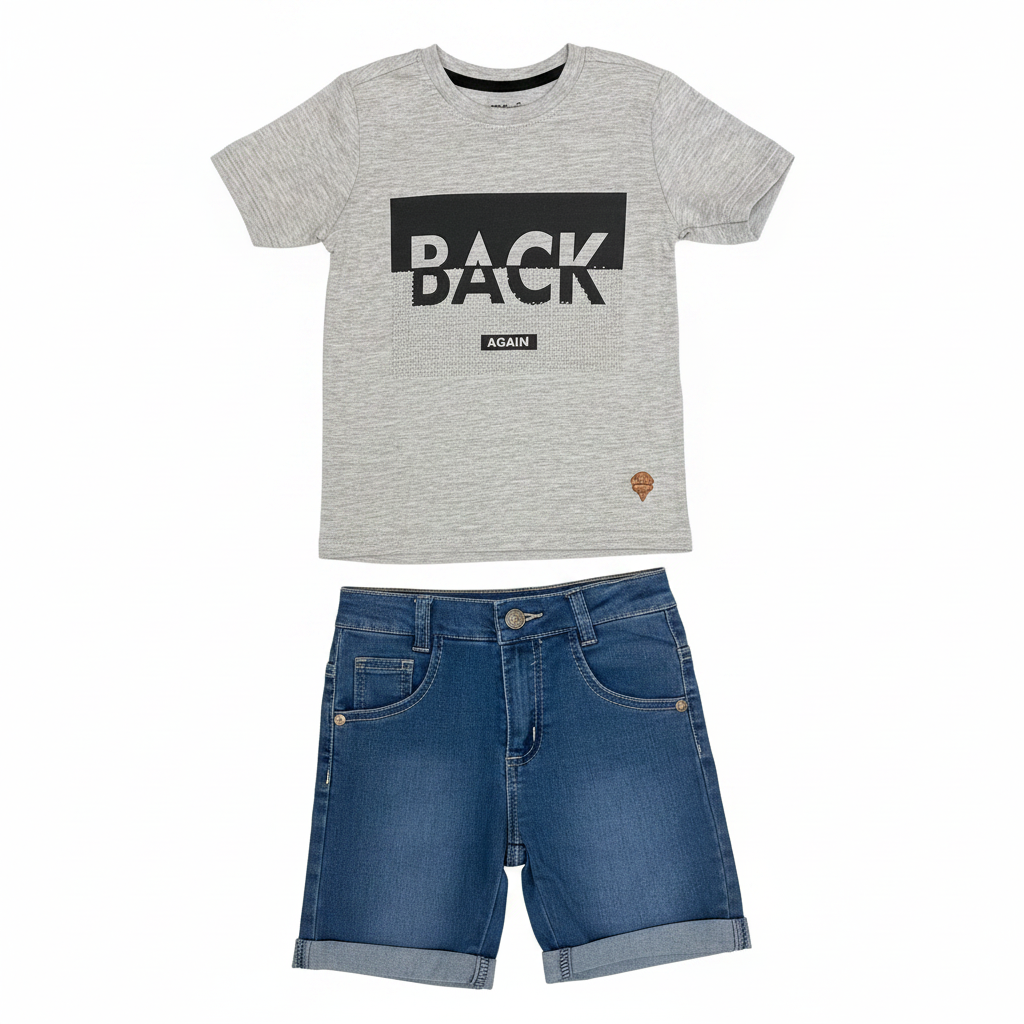 Grey "BACK AGAIN" T-Shirt & Denim Shorts Set