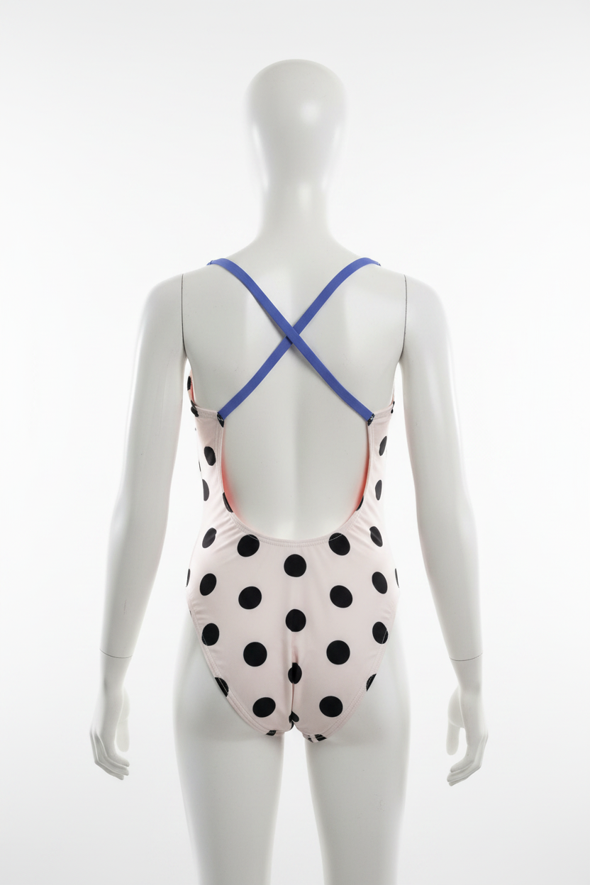 Girls white and black polka dot open-back one-piece swimsuit back view showing blue X-cross straps and orange lining