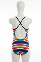 Girls rainbow stripe one-piece swimsuit back view on white mannequin