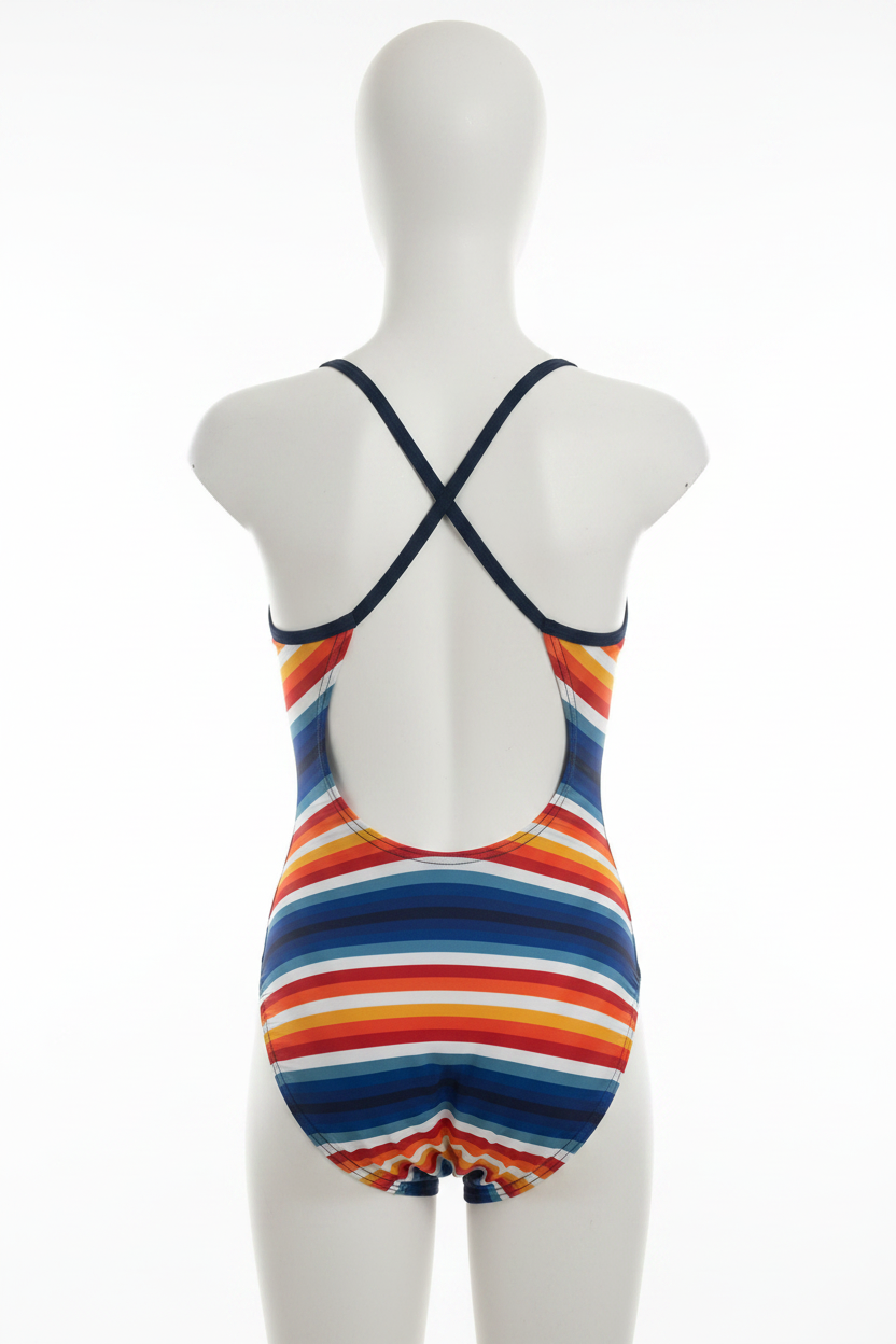 Girls rainbow stripe one-piece swimsuit back view on white mannequin