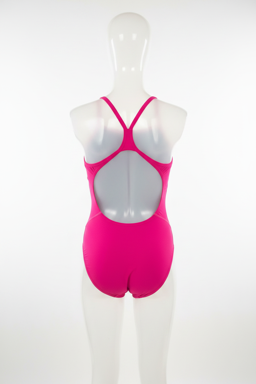 Girls hot pink Speedo open-back one-piece swimsuit back view showing Y-strap cutout design