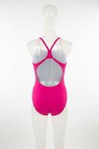 Girls hot pink Speedo open-back one-piece swimsuit back view showing Y-strap cutout design