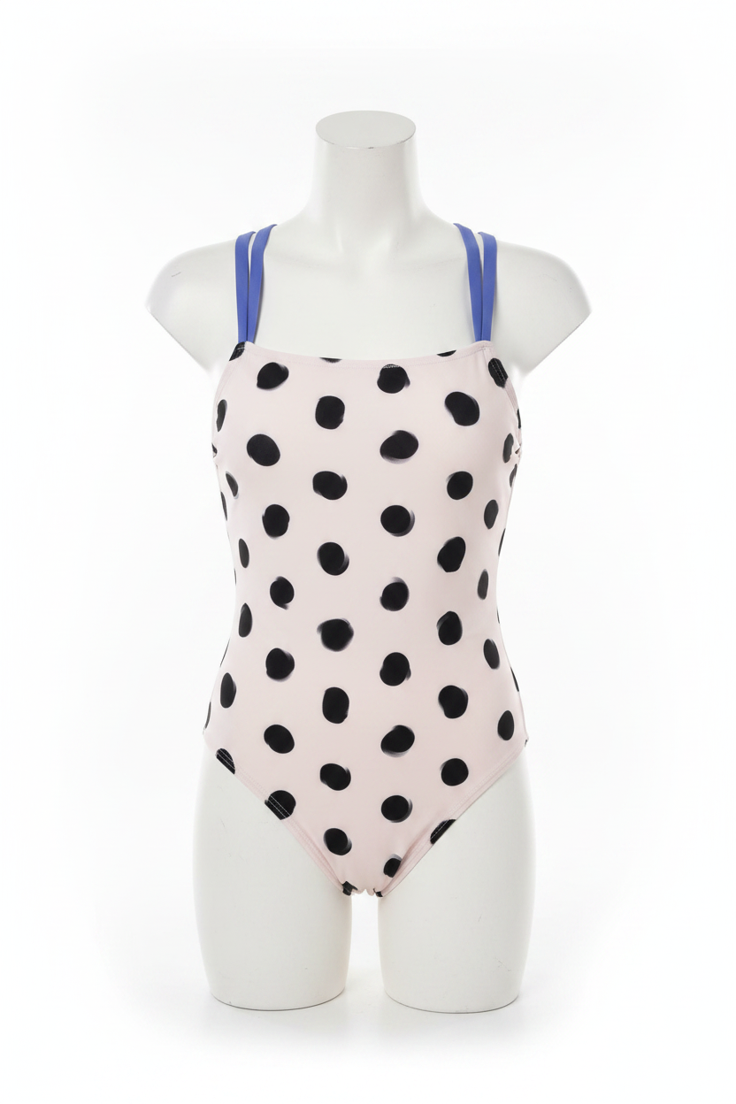 Girls white and black polka dot open-back one-piece swimsuit front view