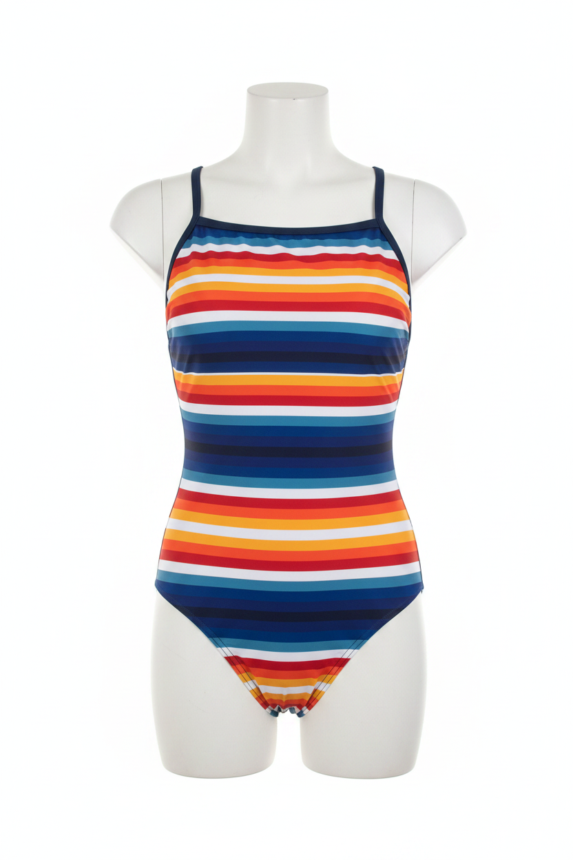 Girls rainbow stripe one-piece swimsuit front view on white mannequin