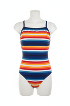 Girls rainbow stripe one-piece swimsuit front view on white mannequin
