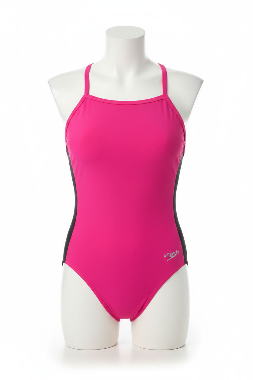 Girls hot pink Speedo open-back one-piece swimsuit front view