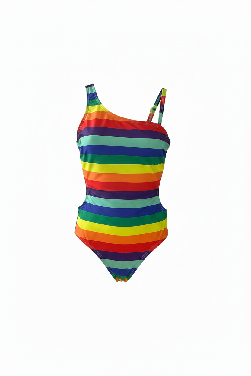 Rainbow striped one-piece swimsuit on invisible mannequin