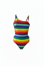Rainbow striped one-piece swimsuit on invisible mannequin