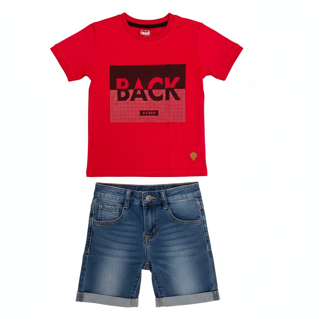 Red "BACK" T-Shirt & Denim Shorts Set