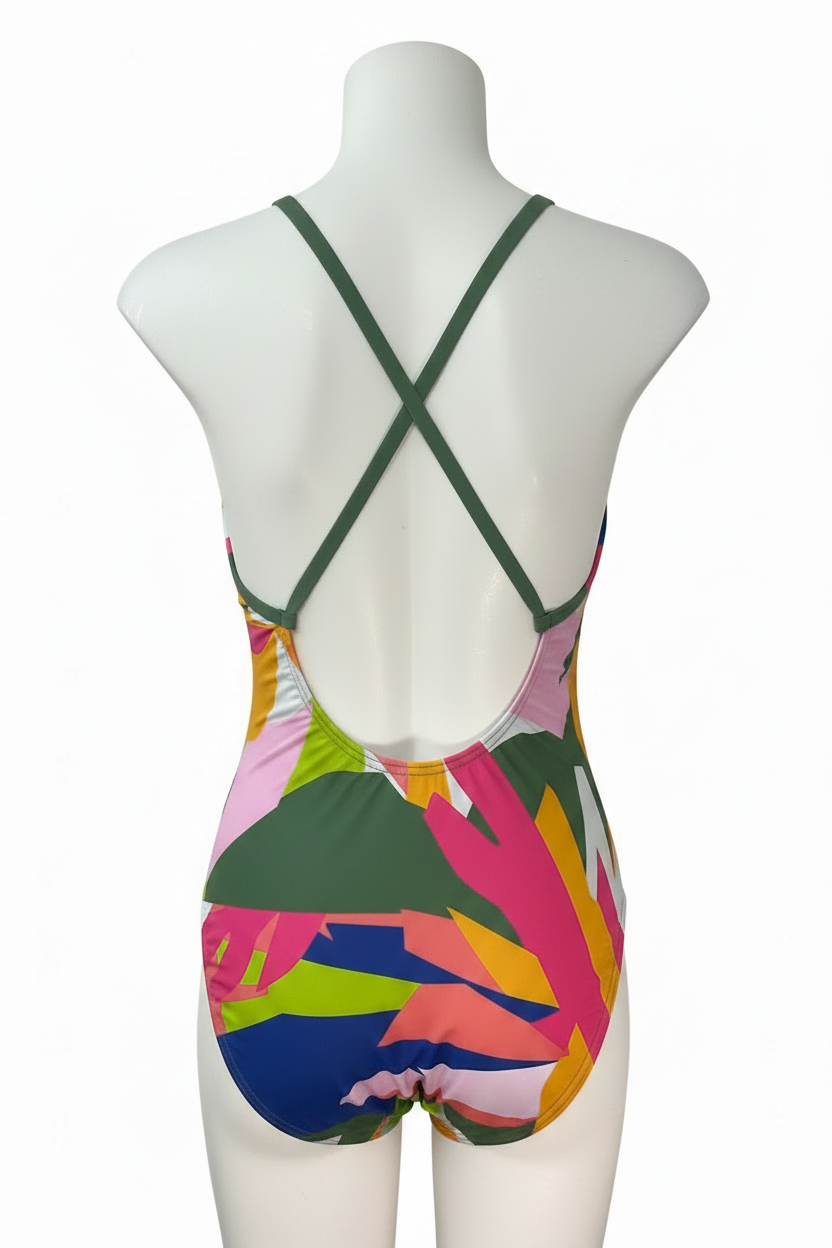 Tropical Floral Swimsuit Back View - Matched Studio Background